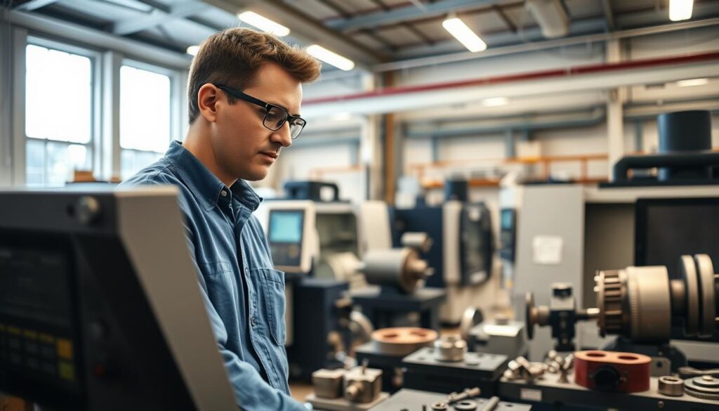 A CNC machine operator in a modern manufacturing facility, focused intently on a digital control panel. In the foreground, a well-dressed male operator in a blue work shirt and safety glasses is adjusting controls, surrounded by sleek machinery and intricate metal parts. The middle ground features a variety of CNC machines, showcasing different types used for milling and turning operations, with cutting tools and finished components scattered nearby. In the background, bright overhead lights illuminate the space, and a large window allows natural light to spill in, creating a productive atmosphere. The overall mood is one of concentration and precision, capturing the essence of skilled craftsmanship in a high-tech environment. The image is clear and well-defined, emphasizing the professionalism of the CNC operations. A CNC machine operator in a modern manufacturing facility, focused intently on a digital control panel. In the foreground, a well-dressed male operator in a blue work shirt and safety glasses is adjusting controls, surrounded by sleek machinery and intricate metal parts. The middle ground features a variety of CNC machines, showcasing different types used for milling and turning operations, with cutting tools and finished components scattered nearby. In the background, bright overhead lights illuminate the space, and a large window allows natural light to spill in, creating a productive atmosphere. The overall mood is one of concentration and precision, capturing the essence of skilled craftsmanship in a high-tech environment. The image is clear and well-defined, emphasizing the professionalism of the CNC operations.