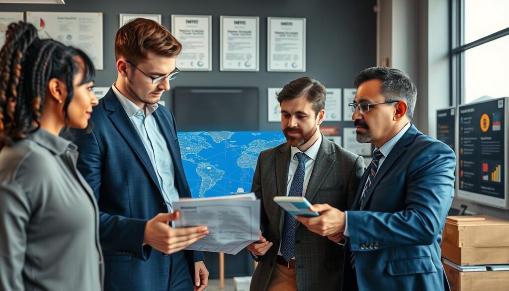 A bustling logistics office environment with professionals examining maps and digital displays related to freight transport. In the foreground, a diverse group of three individuals—two men and one woman—dressed in smart business attire, engaged in discussion over cargo specifications and transport routes. In the middle, a large digital map shows various logistics pathways and icons of trucks, ships, and planes symbolizing different specializations in freight forwarding. The background features a wall with certifications and infographics illustrating successful case studies in logistics. The room is well-lit with natural light coming from large windows, creating a motivational atmosphere. The lens captures a medium-wide shot for clarity and detail, emphasizing teamwork and professionalism in the shipping industry.