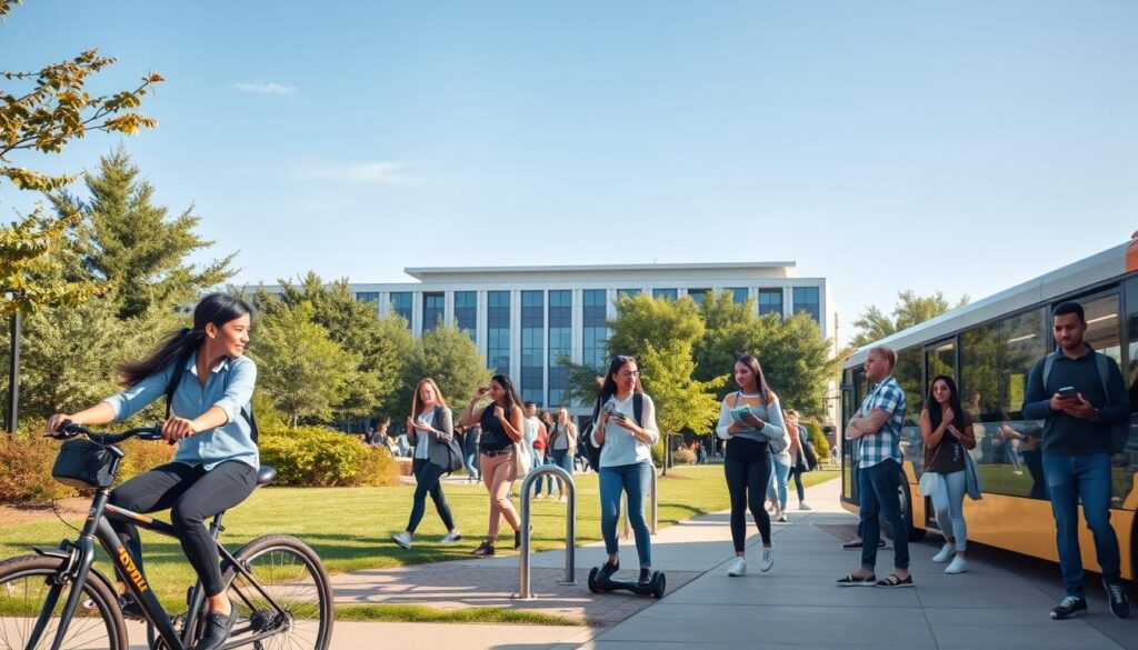 A busy college campus scene during a sunny day, showcasing diverse students engaging in various forms of transport. In the foreground, a student in professional casual attire rides a bicycle while another uses a hoverboard. The middle ground features a bus stop with students waiting for public transport, some reading books or chatting. A bike rack is visible next to a well-maintained path. The background displays a modern university building surrounded by green trees, with a clear blue sky above. Soft, warm lighting enhances the welcoming atmosphere of campus life. Capture the essence of student life, focusing on transportation and insurance aspects as essential elements of their daily routines, without any text or distractions. A busy college campus scene during a sunny day, showcasing diverse students engaging in various forms of transport. In the foreground, a student in professional casual attire rides a bicycle while another uses a hoverboard. The middle ground features a bus stop with students waiting for public transport, some reading books or chatting. A bike rack is visible next to a well-maintained path. The background displays a modern university building surrounded by green trees, with a clear blue sky above. Soft, warm lighting enhances the welcoming atmosphere of campus life. Capture the essence of student life, focusing on transportation and insurance aspects as essential elements of their daily routines, without any text or distractions.