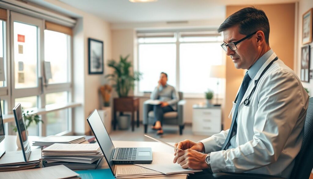 A busy hospital office setting depicting a psychiatrist in a professional environment. In the foreground, a psychiatrist, dressed in formal business attire, reviews patient files on a desk cluttered with medical books and a laptop. The psychiatrist has a thoughtful expression, conveying a dedicated attitude towards their work. In the middle background, a patient sits on a comfortable chair, engaged in a discussion with the psychiatrist, creating a sense of rapport and professionalism. The walls are adorned with calming art and certificates, enhancing the therapeutic atmosphere. The scene is warmly lit with soft natural light filtering through large windows, creating a serene, inviting mood. The angle captures both the psychiatrist and the patient, highlighting the importance of mental health care in public hospitals and clinics. A busy hospital office setting depicting a psychiatrist in a professional environment. In the foreground, a psychiatrist, dressed in formal business attire, reviews patient files on a desk cluttered with medical books and a laptop. The psychiatrist has a thoughtful expression, conveying a dedicated attitude towards their work. In the middle background, a patient sits on a comfortable chair, engaged in a discussion with the psychiatrist, creating a sense of rapport and professionalism. The walls are adorned with calming art and certificates, enhancing the therapeutic atmosphere. The scene is warmly lit with soft natural light filtering through large windows, creating a serene, inviting mood. The angle captures both the psychiatrist and the patient, highlighting the importance of mental health care in public hospitals and clinics.