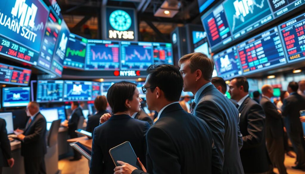 A busy stock exchange environment illustrating the concept of selecting a company for investment. In the foreground, a diverse group of professionals in smart business attire, intensely discussing stock market data displayed on sleek digital monitors. The middle ground features large screens showcasing fluctuating stock prices, charts, and potential company profiles. In the background, traders are actively engaged in transactions, radiating a sense of urgency and opportunity. The lighting is bright and dynamic, with cool tones to emphasize a high-tech atmosphere. The angle captures the vibrancy of the market while maintaining focus on the decision-making process involved in evaluating company potential. The overall mood is focused and professional, reflecting the thoroughness of stock selection. A busy stock exchange environment illustrating the concept of selecting a company for investment. In the foreground, a diverse group of professionals in smart business attire, intensely discussing stock market data displayed on sleek digital monitors. The middle ground features large screens showcasing fluctuating stock prices, charts, and potential company profiles. In the background, traders are actively engaged in transactions, radiating a sense of urgency and opportunity. The lighting is bright and dynamic, with cool tones to emphasize a high-tech atmosphere. The angle captures the vibrancy of the market while maintaining focus on the decision-making process involved in evaluating company potential. The overall mood is focused and professional, reflecting the thoroughness of stock selection.
