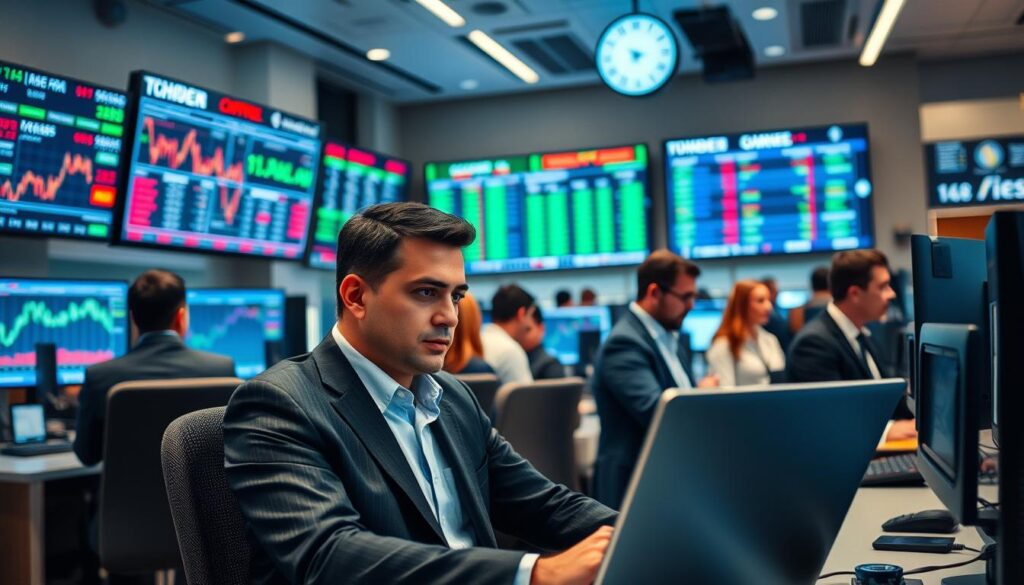 A busy trading office scene with a diverse group of professionals dressed in business attire, intensely focused on their work. In the foreground, a man is seated at a modern desk, using a laptop to place a stock order on a trading platform, his expression serious and determined. In the middle, multiple monitors display real-time stock charts and market data, casting a soft glow across the room. In the background, a large screen shows live stock tickers and a digital clock. The lighting is bright, with an emphasis on the screens that illuminate the employees' faces, creating a dynamic atmosphere of urgency and professionalism. The overall mood is one of concentration and action, capturing the essence of making a trade in a fast-paced financial environment. A busy trading office scene with a diverse group of professionals dressed in business attire, intensely focused on their work. In the foreground, a man is seated at a modern desk, using a laptop to place a stock order on a trading platform, his expression serious and determined. In the middle, multiple monitors display real-time stock charts and market data, casting a soft glow across the room. In the background, a large screen shows live stock tickers and a digital clock. The lighting is bright, with an emphasis on the screens that illuminate the employees' faces, creating a dynamic atmosphere of urgency and professionalism. The overall mood is one of concentration and action, capturing the essence of making a trade in a fast-paced financial environment.