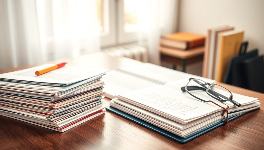 A cheerful and professional scene depicting a stack of additional documents and diplomas on a wooden desk, symbolizing the importance of various credentials in the recruitment process. In the foreground, a well-organized pile of colorful certificates and diplomas is highlighted, with polished edges and vibrant designs. In the middle ground, a pair of reading glasses rests next to an open notebook filled with notes, emphasizing professionalism and preparation. In the background, soft natural light filters through a nearby window, casting gentle shadows and creating a warm, inviting atmosphere. The overall mood conveys focus and determination, ideal for prospective students preparing their application materials. The camera angle is slightly above eye level, allowing for a comprehensive view of the desk setup.