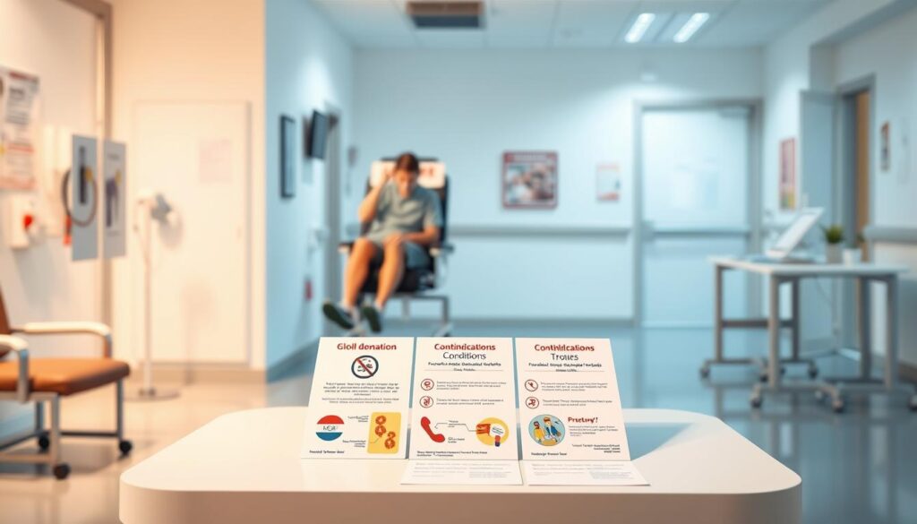 A clean and informative illustration depicting the concept of blood donation requirements. In the foreground, a professional-looking blood donation setup with a blood donation chair, a healthcare professional in a lab coat gently attending to a donor, who is wearing modest casual clothing. In the middle ground, display a neatly arranged table with informational pamphlets on blood donation conditions and contraindications, including images of healthy lifestyle choices. The background features a bright and welcoming blood donation center with soft lighting, giving an atmosphere of trust and care. Use a shallow depth of field to emphasize the foreground while keeping the background slightly blurred, conveying a sense of professionalism and warmth. A clean and informative illustration depicting the concept of blood donation requirements. In the foreground, a professional-looking blood donation setup with a blood donation chair, a healthcare professional in a lab coat gently attending to a donor, who is wearing modest casual clothing. In the middle ground, display a neatly arranged table with informational pamphlets on blood donation conditions and contraindications, including images of healthy lifestyle choices. The background features a bright and welcoming blood donation center with soft lighting, giving an atmosphere of trust and care. Use a shallow depth of field to emphasize the foreground while keeping the background slightly blurred, conveying a sense of professionalism and warmth.
