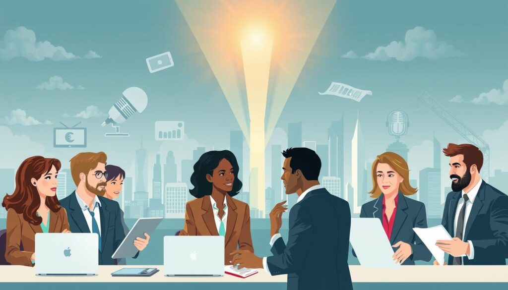 A conceptually rich illustration depicting the factors influencing journalist salaries. In the foreground, diverse journalists of varying ethnic backgrounds are engaged in a lively discussion, dressed in professional business attire, surrounded by laptops and notepads. The middle ground features symbolic representations of different media platforms, such as a television, radio microphone, newspaper, and digital tablet, each highlighting the multifaceted world of journalism. The background showcases a city skyline representing the competitive job market, with subtle rays of sunlight breaking through clouds, symbolizing hope and opportunity. The lighting is bright and inviting, creating a professional atmosphere, with a slight depth of field focusing on the journalists in the foreground. The overall mood is dynamic and informative, reflecting the intricate relationship between various factors and journalist earnings. A conceptually rich illustration depicting the factors influencing journalist salaries. In the foreground, diverse journalists of varying ethnic backgrounds are engaged in a lively discussion, dressed in professional business attire, surrounded by laptops and notepads. The middle ground features symbolic representations of different media platforms, such as a television, radio microphone, newspaper, and digital tablet, each highlighting the multifaceted world of journalism. The background showcases a city skyline representing the competitive job market, with subtle rays of sunlight breaking through clouds, symbolizing hope and opportunity. The lighting is bright and inviting, creating a professional atmosphere, with a slight depth of field focusing on the journalists in the foreground. The overall mood is dynamic and informative, reflecting the intricate relationship between various factors and journalist earnings.