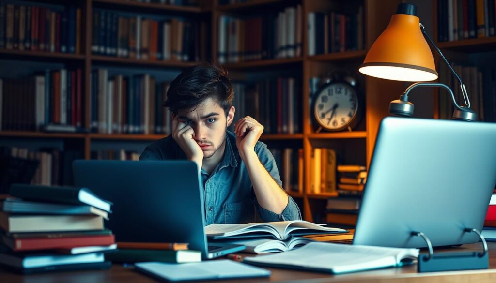 A concerned university student sitting at a study desk, surrounded by textbooks and a laptop, looking anxious about failing a course subject. In the foreground, focus on the student's stressed facial expression and scattered study materials, emphasizing the pressure of academic performance. In the middle ground, include a clock showing late hours, symbolizing the urgency and stress of revising. The background should display a dimly lit library filled with shelves of books, creating a solemn, studious atmosphere. The scene is lit by a warm desk lamp, casting soft shadows, contributing to a feeling of isolation and worry. The overall mood should evoke concern and contemplation, highlighting the consequences of academic challenges. A concerned university student sitting at a study desk, surrounded by textbooks and a laptop, looking anxious about failing a course subject. In the foreground, focus on the student's stressed facial expression and scattered study materials, emphasizing the pressure of academic performance. In the middle ground, include a clock showing late hours, symbolizing the urgency and stress of revising. The background should display a dimly lit library filled with shelves of books, creating a solemn, studious atmosphere. The scene is lit by a warm desk lamp, casting soft shadows, contributing to a feeling of isolation and worry. The overall mood should evoke concern and contemplation, highlighting the consequences of academic challenges.