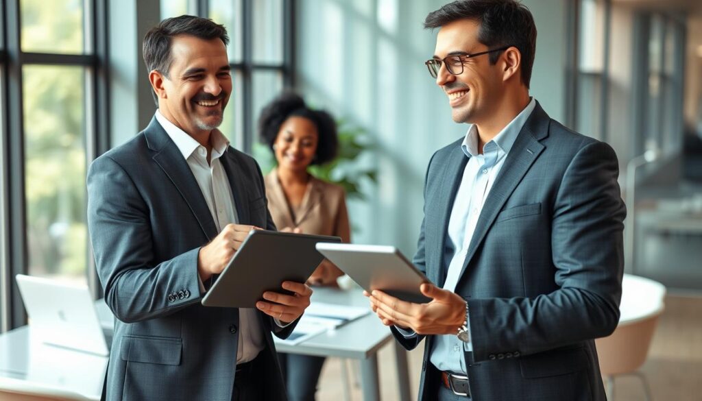 A confident insurance agent in a professional business suit stands in the foreground, engaging with a satisfied client in a modern office setting, showcasing the personal interaction of the insurance field. The agent, a middle-aged Caucasian man with short dark hair, holds a tablet displaying policy options, while the client, an African American woman in a smart blouse, nods in agreement. In the middle ground, a sleek desk with financial documents and a laptop is visible, highlighting the administrative aspect of their work. The background features a stylish office with large windows allowing natural light to flood in, creating an inviting atmosphere. The overall mood is professional yet approachable, conveying growth, success, and development in the insurance career path. Soft, warm lighting enhances the welcoming ambiance without any text or distractions. A confident insurance agent in a professional business suit stands in the foreground, engaging with a satisfied client in a modern office setting, showcasing the personal interaction of the insurance field. The agent, a middle-aged Caucasian man with short dark hair, holds a tablet displaying policy options, while the client, an African American woman in a smart blouse, nods in agreement. In the middle ground, a sleek desk with financial documents and a laptop is visible, highlighting the administrative aspect of their work. The background features a stylish office with large windows allowing natural light to flood in, creating an inviting atmosphere. The overall mood is professional yet approachable, conveying growth, success, and development in the insurance career path. Soft, warm lighting enhances the welcoming ambiance without any text or distractions.