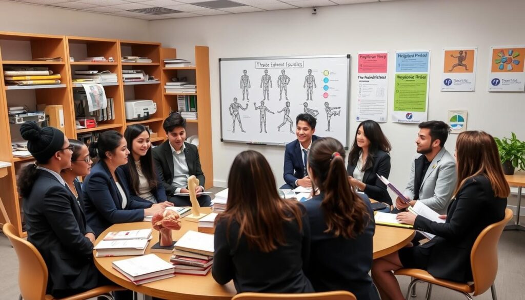 A contemporary university classroom setting focusing on physiotherapy studies. In the foreground, a diverse group of students engaged in a lively discussion, seated around a circular table filled with textbooks and anatomical models. They are dressed in professional business attire, displaying enthusiasm for their studies. In the middle ground, a whiteboard with diagrams of human anatomy and rehabilitation exercises is visible, alongside a large window letting in bright, natural light. The background features shelves filled with medical equipment and educational posters related to physiotherapy. The atmosphere is energetic and focused, conveying a sense of aspiration and dedication to learning in the field of physiotherapy. The image should be well-lit, with a clear, sharp focus to emphasize the students and their surroundings. A contemporary university classroom setting focusing on physiotherapy studies. In the foreground, a diverse group of students engaged in a lively discussion, seated around a circular table filled with textbooks and anatomical models. They are dressed in professional business attire, displaying enthusiasm for their studies. In the middle ground, a whiteboard with diagrams of human anatomy and rehabilitation exercises is visible, alongside a large window letting in bright, natural light. The background features shelves filled with medical equipment and educational posters related to physiotherapy. The atmosphere is energetic and focused, conveying a sense of aspiration and dedication to learning in the field of physiotherapy. The image should be well-lit, with a clear, sharp focus to emphasize the students and their surroundings.