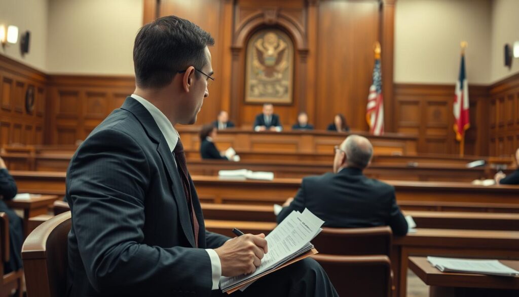 A courtroom scene depicting a jury member (ławnik) attentively participating in a trial. In the foreground, a professional-looking individual in formal business attire is seated, taking notes on legal documents. The middle layer showcases the judge and lawyers engaged in discussions at the front of the courtroom, with the judge wearing traditional robes. In the background, a subtly detailed courtroom with wooden benches, legal books, and an American flag adds authenticity to the setting. The lighting is warm and focused, coming from overhead fixtures that highlight the seriousness of the proceedings. The mood is formal and respectful, capturing the gravity of the judicial process and the responsibilities of a juror. A courtroom scene depicting a jury member (ławnik) attentively participating in a trial. In the foreground, a professional-looking individual in formal business attire is seated, taking notes on legal documents. The middle layer showcases the judge and lawyers engaged in discussions at the front of the courtroom, with the judge wearing traditional robes. In the background, a subtly detailed courtroom with wooden benches, legal books, and an American flag adds authenticity to the setting. The lighting is warm and focused, coming from overhead fixtures that highlight the seriousness of the proceedings. The mood is formal and respectful, capturing the gravity of the judicial process and the responsibilities of a juror.