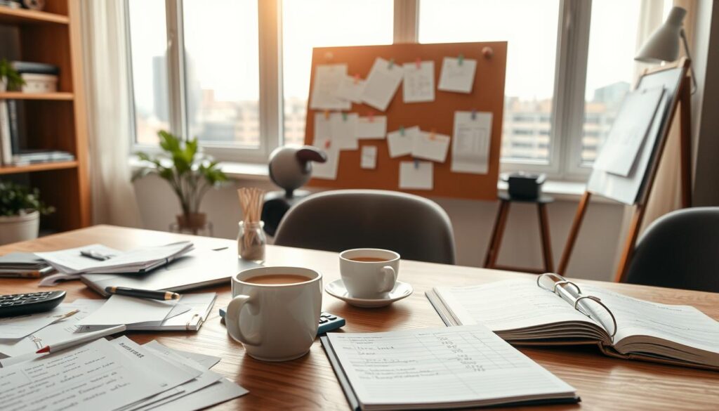 A cozy, modern office space focusing on daily business expenses for a sole proprietorship. In the foreground, a wooden desk cluttered with a laptop, receipts, a calculator, and a steaming cup of coffee, capturing the hustle of daily operations. The middle ground features an organized corkboard with pinned reminders and notes about expenses, while an open planner sits nearby, displaying handwritten entries. The background reveals a bright window with a view of a city skyline, letting in warm natural light that enhances the inviting atmosphere. The angle is slightly elevated, emphasizing the desk and its contents. The overall mood is productive yet relaxed, reflecting a professional entrepreneur's daily routine. A cozy, modern office space focusing on daily business expenses for a sole proprietorship. In the foreground, a wooden desk cluttered with a laptop, receipts, a calculator, and a steaming cup of coffee, capturing the hustle of daily operations. The middle ground features an organized corkboard with pinned reminders and notes about expenses, while an open planner sits nearby, displaying handwritten entries. The background reveals a bright window with a view of a city skyline, letting in warm natural light that enhances the inviting atmosphere. The angle is slightly elevated, emphasizing the desk and its contents. The overall mood is productive yet relaxed, reflecting a professional entrepreneur's daily routine.