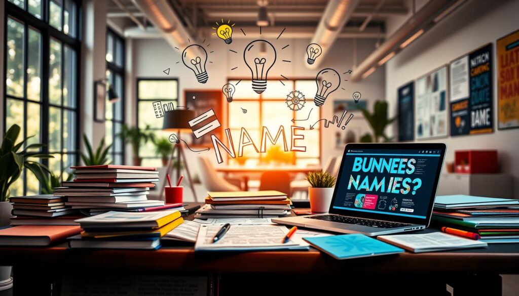 A creative workspace filled with inspiration for business name creation. In the foreground, a stylish desk cluttered with colorful notebooks, brainstorming sheets with doodles, and a laptop displaying vibrant websites about naming strategies. In the middle, lightbulb illustrations and mind maps float above, symbolizing ideas and creativity. The background features a bright, airy office with large windows allowing natural light, displaying greenery outside, and motivational posters on the walls. The atmosphere is energetic and innovative, encouraging thought and collaboration. The lighting is warm and inviting, creating a professional yet casual look. The camera angle is slightly tilted to capture the dynamic essence of the space, focusing on the explosion of ideas and creativity. A creative workspace filled with inspiration for business name creation. In the foreground, a stylish desk cluttered with colorful notebooks, brainstorming sheets with doodles, and a laptop displaying vibrant websites about naming strategies. In the middle, lightbulb illustrations and mind maps float above, symbolizing ideas and creativity. The background features a bright, airy office with large windows allowing natural light, displaying greenery outside, and motivational posters on the walls. The atmosphere is energetic and innovative, encouraging thought and collaboration. The lighting is warm and inviting, creating a professional yet casual look. The camera angle is slightly tilted to capture the dynamic essence of the space, focusing on the explosion of ideas and creativity.