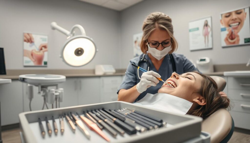 A dental hygienist performing preventive care in a modern dental office. In the foreground, the hygienist, a middle-aged woman in professional scrubs and wearing gloves, is gently using a dental scaler on a patient, who is comfortably seated in a dental chair with a dental bib. In the middle ground, various dental instruments are neatly arranged on a tray, and a bright light illuminates the area, creating a clean, sterile atmosphere. In the background, dental posters and a sterilization area can be seen. The room is well-lit, emphasizing the professionalism of the setting. The mood is calm and focused, showcasing the importance of dental hygiene and preventive care in oral health. A dental hygienist performing preventive care in a modern dental office. In the foreground, the hygienist, a middle-aged woman in professional scrubs and wearing gloves, is gently using a dental scaler on a patient, who is comfortably seated in a dental chair with a dental bib. In the middle ground, various dental instruments are neatly arranged on a tray, and a bright light illuminates the area, creating a clean, sterile atmosphere. In the background, dental posters and a sterilization area can be seen. The room is well-lit, emphasizing the professionalism of the setting. The mood is calm and focused, showcasing the importance of dental hygiene and preventive care in oral health.