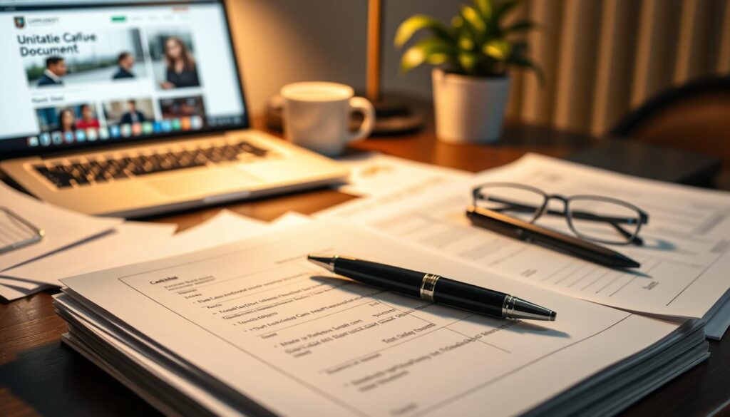 A desk cluttered with essential documents needed for university recruitment, prominently displaying application forms, certificates, and identification papers. In the foreground, a neatly organized stack of papers is illuminated by soft, warm lighting, creating a focused ambiance. A stylish pen rests beside an open notebook, symbolizing preparation. In the middle ground, a laptop shows a university website with a course overview. In the background, a blurred coffee mug and potted plant add a touch of warmth and homeliness to the study environment. The image conveys a sense of professionalism and readiness, perfect for an article focused on preparing university application documents. The scene is shot with a slightly tilted angle, emphasizing the documents' importance.