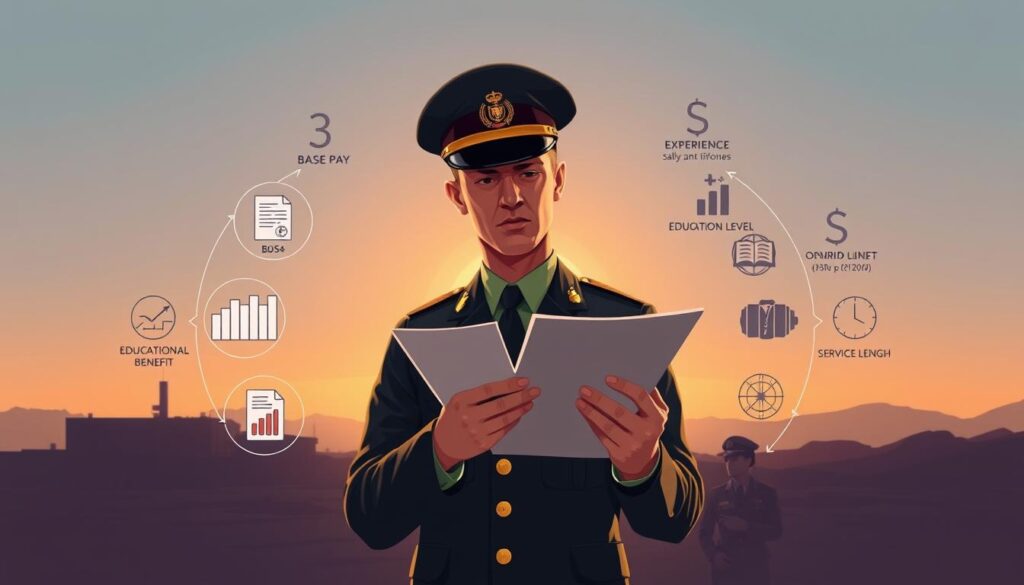 A detailed illustration showing various factors that influence the salary of a Polish military officer, specifically a lieutenant. In the foreground, depict a professional officer in a smart military uniform, reviewing charts and documents that symbolize salary components like base pay, bonuses, and additional benefits. In the middle ground, include visually distinct symbols representing factors like experience, education level, and service length, arranged around the officer, creating a circular flow. In the background, show a subtle silhouette of a military base under a clear sky at sunset, casting a warm glow. The overall mood should be serious and professional, emphasizing the importance of these factors in military compensation, with soft lighting to enhance focus on the officer and the charts. A detailed illustration showing various factors that influence the salary of a Polish military officer, specifically a lieutenant. In the foreground, depict a professional officer in a smart military uniform, reviewing charts and documents that symbolize salary components like base pay, bonuses, and additional benefits. In the middle ground, include visually distinct symbols representing factors like experience, education level, and service length, arranged around the officer, creating a circular flow. In the background, show a subtle silhouette of a military base under a clear sky at sunset, casting a warm glow. The overall mood should be serious and professional, emphasizing the importance of these factors in military compensation, with soft lighting to enhance focus on the officer and the charts.