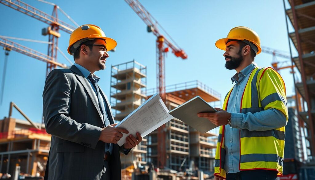 A detailed scene illustrating a construction manager and a civil engineer engaged in a discussion on a construction site. In the foreground, depict the two professionals in smart, professional attire, with the construction manager wearing a hard hat and holding blueprints, while the civil engineer has a tablet in hand. The middle ground features construction machinery, scaffolding, and partially built structures in vibrant colors, showcasing an active work environment. In the background, a bright blue sky complements the bustling scene. Use natural lighting to create a hopeful and industrious atmosphere, and consider a slight low-angle perspective to emphasize the scale of the construction activity. A detailed scene illustrating a construction manager and a civil engineer engaged in a discussion on a construction site. In the foreground, depict the two professionals in smart, professional attire, with the construction manager wearing a hard hat and holding blueprints, while the civil engineer has a tablet in hand. The middle ground features construction machinery, scaffolding, and partially built structures in vibrant colors, showcasing an active work environment. In the background, a bright blue sky complements the bustling scene. Use natural lighting to create a hopeful and industrious atmosphere, and consider a slight low-angle perspective to emphasize the scale of the construction activity.