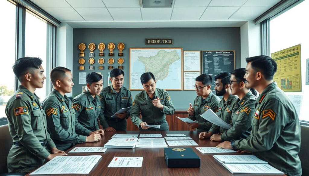 A detailed scene illustrating benefits for territorial defense soldiers, set in a modern military office environment. In the foreground, a diverse group of soldiers in professional military attire engages in discussion around a table filled with documents and charts depicting financial benefits and allowances. The middle ground features a wall displaying awards, a large map of the region, and a bulletin board with various information on soldier benefits. In the background, a bright window allows natural sunlight to illuminate the room, creating a motivating atmosphere. The mood is optimistic and focused, highlighting the importance of support for servicemen beyond their basic salaries. The image captures a sense of camaraderie and professionalism, conveying the gravity of military service and the resources available to soldiers. A detailed scene illustrating benefits for territorial defense soldiers, set in a modern military office environment. In the foreground, a diverse group of soldiers in professional military attire engages in discussion around a table filled with documents and charts depicting financial benefits and allowances. The middle ground features a wall displaying awards, a large map of the region, and a bulletin board with various information on soldier benefits. In the background, a bright window allows natural sunlight to illuminate the room, creating a motivating atmosphere. The mood is optimistic and focused, highlighting the importance of support for servicemen beyond their basic salaries. The image captures a sense of camaraderie and professionalism, conveying the gravity of military service and the resources available to soldiers.