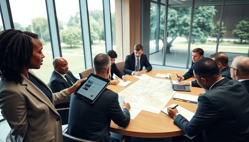 A diverse group of local government officials engaged in a planning session inside a modern council chamber. In the foreground, a female council member of African descent, dressed in professional business attire, points at a digital document on a tablet. In the middle ground, several male and female council members, including a Caucasian man and a Hispanic woman, sit around a large oval table, discussing various documents and maps while taking notes. The background features large windows offering a view of a park, with natural light illuminating the room. The atmosphere is collaborative and focused, capturing the essence of civic duties and responsibility. The scene emphasizes teamwork and community engagement, showcasing the competencies of local council members. A diverse group of local government officials engaged in a planning session inside a modern council chamber. In the foreground, a female council member of African descent, dressed in professional business attire, points at a digital document on a tablet. In the middle ground, several male and female council members, including a Caucasian man and a Hispanic woman, sit around a large oval table, discussing various documents and maps while taking notes. The background features large windows offering a view of a park, with natural light illuminating the room. The atmosphere is collaborative and focused, capturing the essence of civic duties and responsibility. The scene emphasizes teamwork and community engagement, showcasing the competencies of local council members.