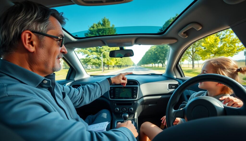 A driving instructor interacting with a student inside a modern driving school vehicle. In the foreground, the instructor, a middle-aged individual in professional attire, is pointing towards the road with a supportive expression. The student, a young adult wearing casual but modest clothing, is attentively listening and gripping the steering wheel. In the middle ground, the interior of the vehicle is detailed, showcasing instructional materials like a driving manual on the dashboard. The background features a tranquil driving school setting with clear blue skies and green trees lining the road, creating a calm atmosphere. Soft, natural lighting enhances the scene, conveying a sense of professionalism and trust. The angle of the shot is slightly above eye level, capturing the focused interaction between the instructor and student. A driving instructor interacting with a student inside a modern driving school vehicle. In the foreground, the instructor, a middle-aged individual in professional attire, is pointing towards the road with a supportive expression. The student, a young adult wearing casual but modest clothing, is attentively listening and gripping the steering wheel. In the middle ground, the interior of the vehicle is detailed, showcasing instructional materials like a driving manual on the dashboard. The background features a tranquil driving school setting with clear blue skies and green trees lining the road, creating a calm atmosphere. Soft, natural lighting enhances the scene, conveying a sense of professionalism and trust. The angle of the shot is slightly above eye level, capturing the focused interaction between the instructor and student.