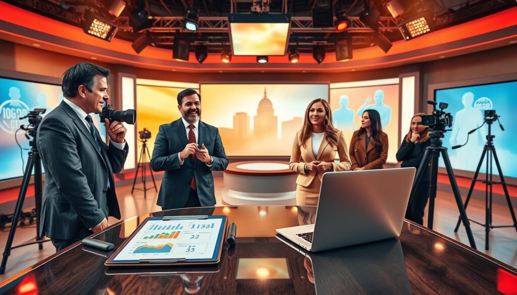 A dynamic and visually engaging scene depicting a group of four professional television stars in a high-end studio setting, representing various famous figures in television. The foreground features two journalists, a man and a woman, both dressed in smart business attire, engaged in an animated discussion. In the middle, there's a stylish desk with a clipboard and notepad filled with figures symbolizing salary estimates, alongside a laptop displaying colorful graphs and charts. The background showcases a modern studio with bright, artistic lighting, large screens featuring outlines of popular shows, and cameras on tripods. The overall atmosphere conveys success, professionalism, and interest in financial aspects of television careers, with warm tones to evoke a sense of optimism and ambition.