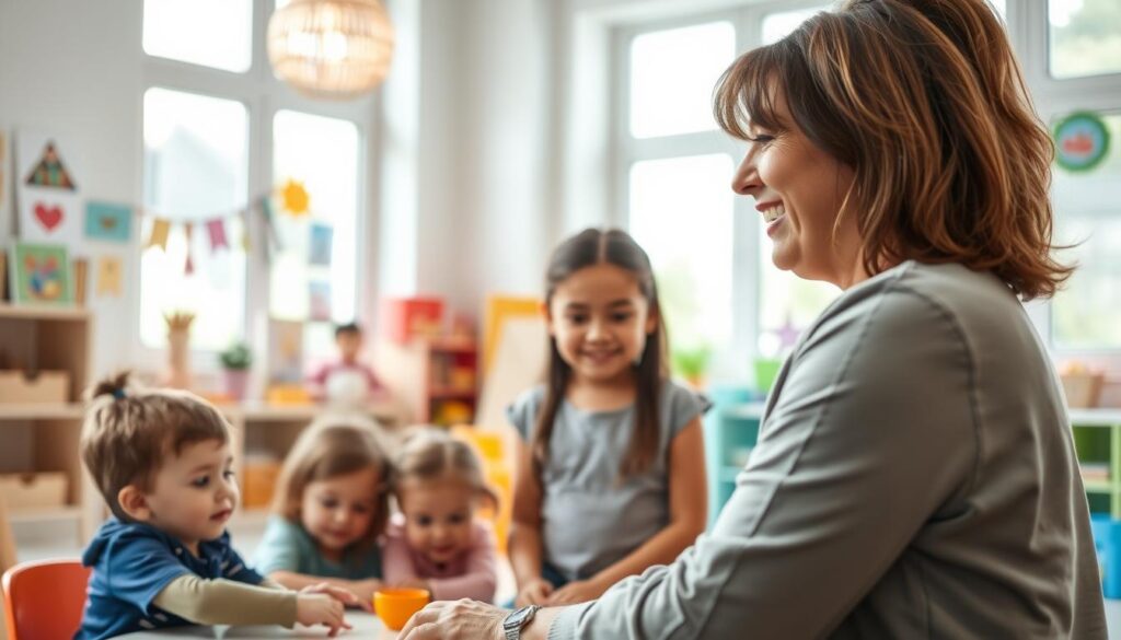 A female preschool teacher in a bright, colorful classroom filled with educational toys and books, engaging with a small group of attentive children. The teacher has a warm smile and wears modest, professional clothing, embodying a nurturing and supportive atmosphere. In the background, large windows let in natural light, illuminating the playful decor and vibrant artwork created by the children. The scene conveys a sense of joy and learning, highlighting the importance of early education. Soft, cheerful colors dominate the scene, enhancing the inviting environment. The focus is on the teacher's interaction, captured from a slightly elevated angle to show both her and the children's expressions, creating an engaging and inspiring setting. A female preschool teacher in a bright, colorful classroom filled with educational toys and books, engaging with a small group of attentive children. The teacher has a warm smile and wears modest, professional clothing, embodying a nurturing and supportive atmosphere. In the background, large windows let in natural light, illuminating the playful decor and vibrant artwork created by the children. The scene conveys a sense of joy and learning, highlighting the importance of early education. Soft, cheerful colors dominate the scene, enhancing the inviting environment. The focus is on the teacher's interaction, captured from a slightly elevated angle to show both her and the children's expressions, creating an engaging and inspiring setting.