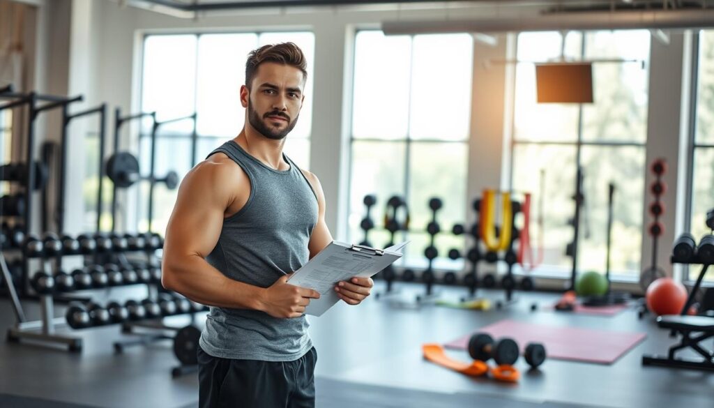 A fit, professional personal trainer standing confidently in a well-lit gym environment, showcasing a blend of knowledge and competence. In the foreground, the trainer, dressed in smart casual athletic wear, holds a clipboard with fitness plans. In the middle ground, various gym equipment such as dumbbells, mats, and resistance bands are organized neatly, symbolizing the trainer’s expertise. The background features large windows allowing natural light to flood in, creating an open, inviting atmosphere. The overall mood conveys motivation, professionalism, and a commitment to health and fitness, capturing the essence of what constitutes an effective personal trainer. The angle is slightly elevated, focusing on both the trainer and the organized gym space, emphasizing the importance of a structured fitness environment. A fit, professional personal trainer standing confidently in a well-lit gym environment, showcasing a blend of knowledge and competence. In the foreground, the trainer, dressed in smart casual athletic wear, holds a clipboard with fitness plans. In the middle ground, various gym equipment such as dumbbells, mats, and resistance bands are organized neatly, symbolizing the trainer’s expertise. The background features large windows allowing natural light to flood in, creating an open, inviting atmosphere. The overall mood conveys motivation, professionalism, and a commitment to health and fitness, capturing the essence of what constitutes an effective personal trainer. The angle is slightly elevated, focusing on both the trainer and the organized gym space, emphasizing the importance of a structured fitness environment.