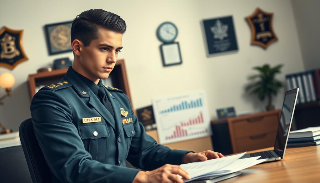 A focused composition showcasing a young male officer in a smartly tailored military uniform, standing confidently at his desk while reviewing financial documents. In the foreground, the officer's face, framed by neatly slicked-back hair, reflects determination and professionalism. The middle ground features a well-organized workspace with a laptop displaying charts and figures illustrating salary breakdowns, alongside military insignia that denote his rank. In the background, a softly lit office environment conveys a sense of order and discipline, with accolades and military paraphernalia subtly adorning the walls. Soft lighting casts gentle shadows, creating an atmosphere of seriousness and focus, highlighting the importance of financial understanding in a military career. The image should evoke a sense of gravity and professionalism, perfect for illustrating the topic of an officer's net salary. A focused composition showcasing a young male officer in a smartly tailored military uniform, standing confidently at his desk while reviewing financial documents. In the foreground, the officer's face, framed by neatly slicked-back hair, reflects determination and professionalism. The middle ground features a well-organized workspace with a laptop displaying charts and figures illustrating salary breakdowns, alongside military insignia that denote his rank. In the background, a softly lit office environment conveys a sense of order and discipline, with accolades and military paraphernalia subtly adorning the walls. Soft lighting casts gentle shadows, creating an atmosphere of seriousness and focus, highlighting the importance of financial understanding in a military career. The image should evoke a sense of gravity and professionalism, perfect for illustrating the topic of an officer's net salary.