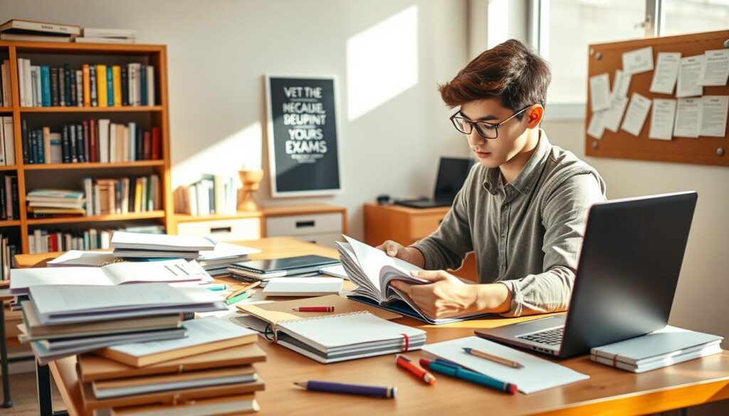 A focused university student preparing for an exam session, seated at a large wooden desk cluttered with textbooks, notebooks, and a laptop. In the foreground, the student, a young adult in smart casual attire, is reviewing notes, with highlighters and pens scattered around. The middle ground features a shelf filled with academic books and a motivational poster on the wall. Natural light streams in from a nearby window, creating a warm atmosphere and casting soft shadows across the desk. In the background, a bulletin board displays reminders and deadlines. The overall mood is one of concentration and determination, conveying the intensity of exam preparation in a university setting. A focused university student preparing for an exam session, seated at a large wooden desk cluttered with textbooks, notebooks, and a laptop. In the foreground, the student, a young adult in smart casual attire, is reviewing notes, with highlighters and pens scattered around. The middle ground features a shelf filled with academic books and a motivational poster on the wall. Natural light streams in from a nearby window, creating a warm atmosphere and casting soft shadows across the desk. In the background, a bulletin board displays reminders and deadlines. The overall mood is one of concentration and determination, conveying the intensity of exam preparation in a university setting.