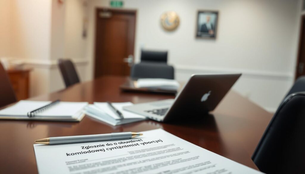 A formal setting showcasing a neatly arranged desk with a "Zgłoszenie do obwodowej komisji wyborczej" application form prominently displayed in the foreground. In the middle, an organized workspace with a pen, a laptop, and official election materials, forming a clear picture of civic engagement. In the background, a soft-focus view of a government office with neutral tones, soft lighting that creates a calm and professional atmosphere. The lens captures the depth of field, highlighting the application form while subtly blurring the background to emphasize the importance of the document. The scene conveys a mood of seriousness and responsibility, suitable for the subject of becoming a member of an electoral commission, reflecting professionalism and dedication. A formal setting showcasing a neatly arranged desk with a "Zgłoszenie do obwodowej komisji wyborczej" application form prominently displayed in the foreground. In the middle, an organized workspace with a pen, a laptop, and official election materials, forming a clear picture of civic engagement. In the background, a soft-focus view of a government office with neutral tones, soft lighting that creates a calm and professional atmosphere. The lens captures the depth of field, highlighting the application form while subtly blurring the background to emphasize the importance of the document. The scene conveys a mood of seriousness and responsibility, suitable for the subject of becoming a member of an electoral commission, reflecting professionalism and dedication.