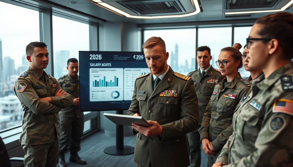 A futuristic military office setting in 2026, showcasing a diverse group of soldiers, male and female, in professional military uniforms discussing salary adjustments and pay scales. In the foreground, a confident captain, wearing a sharp uniform with rank insignia, examines a digital tablet displaying various salary charts. In the middle, a large interactive display shows infographics related to salary changes and benefits. In the background, contemporary military décor and soft lighting create a sophisticated atmosphere, with large windows revealing a modern city skyline. The mood is focused and optimistic, highlighting advancements in military compensation. Emphasize clarity and professionalism, ensuring all individuals are depicted respectfully and in full uniform. No text or overlays, just a clear representation of the evolving military pay landscape. A futuristic military office setting in 2026, showcasing a diverse group of soldiers, male and female, in professional military uniforms discussing salary adjustments and pay scales. In the foreground, a confident captain, wearing a sharp uniform with rank insignia, examines a digital tablet displaying various salary charts. In the middle, a large interactive display shows infographics related to salary changes and benefits. In the background, contemporary military décor and soft lighting create a sophisticated atmosphere, with large windows revealing a modern city skyline. The mood is focused and optimistic, highlighting advancements in military compensation. Emphasize clarity and professionalism, ensuring all individuals are depicted respectfully and in full uniform. No text or overlays, just a clear representation of the evolving military pay landscape.