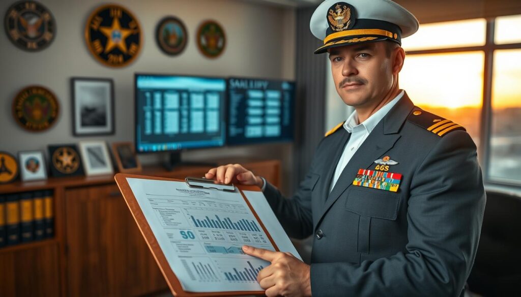 A military captain in a professional business setting, holding a clipboard filled with charts and numbers that represent salaries. The captain is depicted in a polished, smart uniform, standing confidently in an office that features military emblems and photobooks of military life. The foreground highlights the clipboard with clear financial data on it, while in the middle, the captain gestures thoughtfully at a digital screen displaying salary statistics. The background includes a soft-focus window overlooking a military base at sunset, casting warm lighting throughout the scene. The atmosphere is serious yet inspiring, evoking a sense of professionalism and dedication to service. The image has a clear lens focus, creating a depth that highlights the captain's engaged expression and the detailed financial data. A military captain in a professional business setting, holding a clipboard filled with charts and numbers that represent salaries. The captain is depicted in a polished, smart uniform, standing confidently in an office that features military emblems and photobooks of military life. The foreground highlights the clipboard with clear financial data on it, while in the middle, the captain gestures thoughtfully at a digital screen displaying salary statistics. The background includes a soft-focus window overlooking a military base at sunset, casting warm lighting throughout the scene. The atmosphere is serious yet inspiring, evoking a sense of professionalism and dedication to service. The image has a clear lens focus, creating a depth that highlights the captain's engaged expression and the detailed financial data.