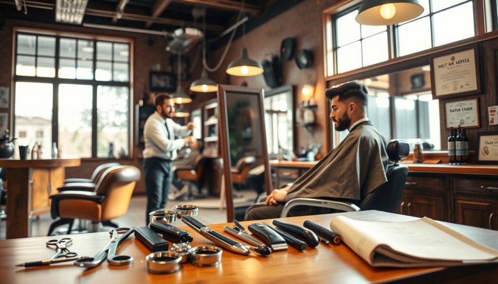 A modern barber shop interior showcasing a barber in professional attire, skillfully performing a haircut on a client in a stylish chair. In the foreground, display an array of barber tools like scissors, combs, and clippers neatly arranged on a wooden workbench. In the middle, highlight a mirror reflecting the barber's focused expression and the client's satisfaction. The background features vintage barber shop decor with warm lighting, creating an inviting atmosphere. Natural light streams in through large windows, enhancing the rich, deep wood tones. Emphasize the barber's dedication to skill development, showcasing a diploma or certificate subtly placed on the wall to symbolize career growth and new skills acquired in the barbering profession. A modern barber shop interior showcasing a barber in professional attire, skillfully performing a haircut on a client in a stylish chair. In the foreground, display an array of barber tools like scissors, combs, and clippers neatly arranged on a wooden workbench. In the middle, highlight a mirror reflecting the barber's focused expression and the client's satisfaction. The background features vintage barber shop decor with warm lighting, creating an inviting atmosphere. Natural light streams in through large windows, enhancing the rich, deep wood tones. Emphasize the barber's dedication to skill development, showcasing a diploma or certificate subtly placed on the wall to symbolize career growth and new skills acquired in the barbering profession.
