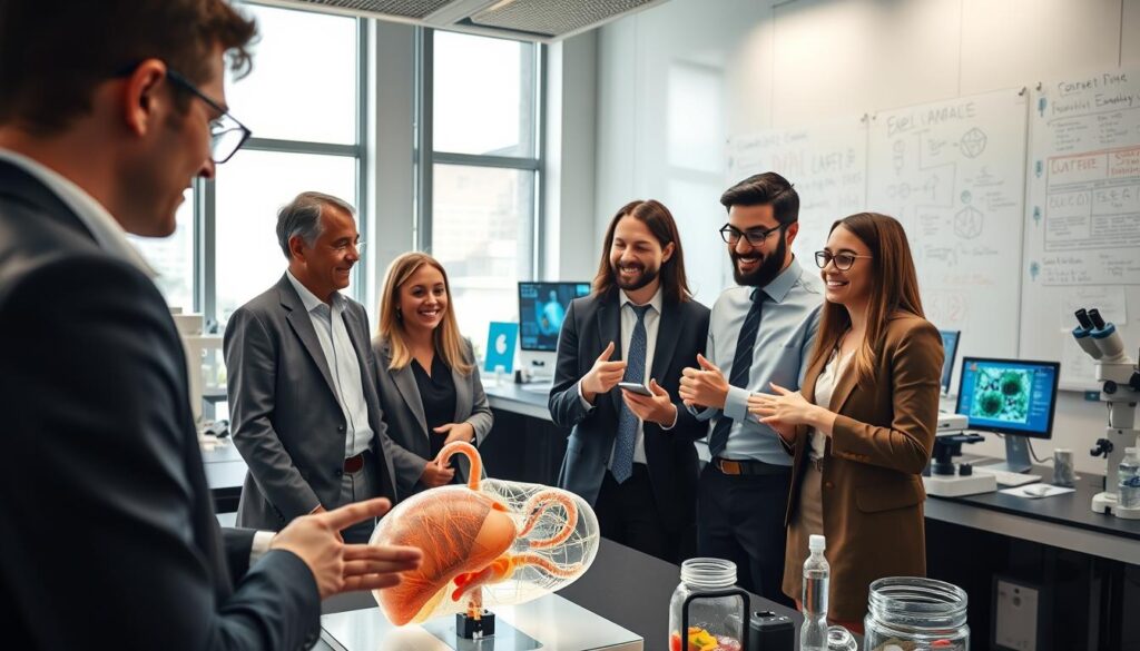 A modern biomedical engineering lab showcasing interdisciplinary collaboration. In the foreground, a diverse group of professionals dressed in business attire engages in an animated discussion over a 3D model of a bioengineered organ, with detailed anatomical structures visible. The middle ground features advanced technology, such as computer screens displaying complex biological data, alongside lab equipment like microscopes and petri dishes. The background includes large windows letting in natural light, illuminating the space, and a whiteboard filled with diagrams and notes on various interdisciplinary studies. Soft lighting creates an inspiring atmosphere, emphasizing innovation and teamwork in the field of biomedical engineering. A modern biomedical engineering lab showcasing interdisciplinary collaboration. In the foreground, a diverse group of professionals dressed in business attire engages in an animated discussion over a 3D model of a bioengineered organ, with detailed anatomical structures visible. The middle ground features advanced technology, such as computer screens displaying complex biological data, alongside lab equipment like microscopes and petri dishes. The background includes large windows letting in natural light, illuminating the space, and a whiteboard filled with diagrams and notes on various interdisciplinary studies. Soft lighting creates an inspiring atmosphere, emphasizing innovation and teamwork in the field of biomedical engineering.