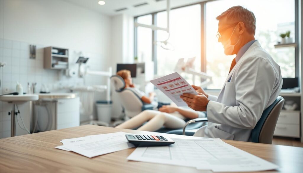A modern dental clinic interior, focusing on a dentist in professional attire. The dentist, a middle-aged person, is examining dental charts and discussing with a patient seated in a dental chair. A bright, well-lit environment with large windows allowing natural light to filter in, creating a warm atmosphere. In the background, various dental tools and equipment are neatly arranged, emphasizing a professional setting. The foreground highlights a desk with financial documents and a calculator, subtly suggesting the discussion of income and contract earnings. The overall mood is professional and welcoming, showcasing the blend of patient care with business operations in dentistry. A modern dental clinic interior, focusing on a dentist in professional attire. The dentist, a middle-aged person, is examining dental charts and discussing with a patient seated in a dental chair. A bright, well-lit environment with large windows allowing natural light to filter in, creating a warm atmosphere. In the background, various dental tools and equipment are neatly arranged, emphasizing a professional setting. The foreground highlights a desk with financial documents and a calculator, subtly suggesting the discussion of income and contract earnings. The overall mood is professional and welcoming, showcasing the blend of patient care with business operations in dentistry.