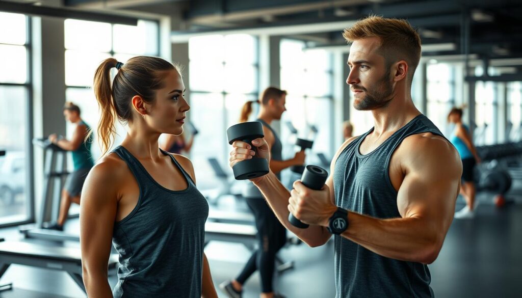 A modern gym interior featuring a personal trainer in professional activewear, engaging with a client during a weight training session. The trainer, with a focused expression, demonstrates proper form while holding a dumbbell, showcasing expertise and guidance. In the background, gym equipment like benches and free weights is visible, alongside other gym-goers exercising at various stations. Soft, natural lighting from large windows casts a warm glow, creating an inviting atmosphere. The trainer and client are positioned in the foreground, emphasizing the personal interaction, while blurred figures in the mid-ground add to the bustling gym environment. The overall mood is dynamic and motivational, highlighting the essence of personal training both in a gym and as a freelance business. A modern gym interior featuring a personal trainer in professional activewear, engaging with a client during a weight training session. The trainer, with a focused expression, demonstrates proper form while holding a dumbbell, showcasing expertise and guidance. In the background, gym equipment like benches and free weights is visible, alongside other gym-goers exercising at various stations. Soft, natural lighting from large windows casts a warm glow, creating an inviting atmosphere. The trainer and client are positioned in the foreground, emphasizing the personal interaction, while blurred figures in the mid-ground add to the bustling gym environment. The overall mood is dynamic and motivational, highlighting the essence of personal training both in a gym and as a freelance business.
