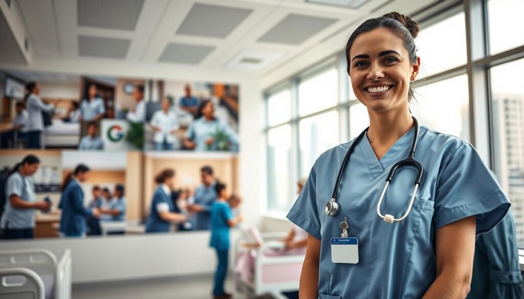 A modern hospital setting showcasing the diverse workplaces of a registered nurse post-qualification. In the foreground, a professional nurse in scrubs and a stethoscope, smiling while tending to a patient in a hospital room. In the middle, scenes of nurses interacting with patients in various environments: a clinic, a community health center, and a nursing home, reflecting collaboration and care. The background features a city skyline visible through a large window, hinting at urban healthcare challenges. Soft, natural lighting fills the space, highlighting the warmth and dedication of the nursing profession. The angle is a dynamic perspective, emphasizing the compassionate interaction between nurses and patients, creating an uplifting and hopeful atmosphere. A modern hospital setting showcasing the diverse workplaces of a registered nurse post-qualification. In the foreground, a professional nurse in scrubs and a stethoscope, smiling while tending to a patient in a hospital room. In the middle, scenes of nurses interacting with patients in various environments: a clinic, a community health center, and a nursing home, reflecting collaboration and care. The background features a city skyline visible through a large window, hinting at urban healthcare challenges. Soft, natural lighting fills the space, highlighting the warmth and dedication of the nursing profession. The angle is a dynamic perspective, emphasizing the compassionate interaction between nurses and patients, creating an uplifting and hopeful atmosphere.