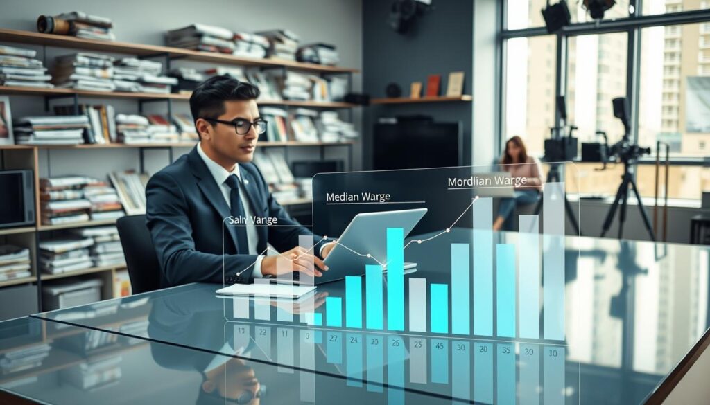 A modern journalist's workspace illustrating salary discussions in Poland, featuring a blend of elements representing various media sectors. In the foreground, a professional journalist in business attire sits at a sleek desk, typing on a laptop while studying salary charts and graphs displayed on a tablet. In the middle ground, infographics showcasing salary ranges and median wages emerge, partially transparent to convey data-driven content. The background comprises a well-lit newsroom environment with shelves filled with newspapers, magazines, and broadcasting equipment, symbolizing television and radio. The lighting is bright yet soft, creating a focused and informative atmosphere. The composition is shot from a slight angle, emphasizing the journalist’s engagement with the data while maintaining a clean and professional look. A modern journalist's workspace illustrating salary discussions in Poland, featuring a blend of elements representing various media sectors. In the foreground, a professional journalist in business attire sits at a sleek desk, typing on a laptop while studying salary charts and graphs displayed on a tablet. In the middle ground, infographics showcasing salary ranges and median wages emerge, partially transparent to convey data-driven content. The background comprises a well-lit newsroom environment with shelves filled with newspapers, magazines, and broadcasting equipment, symbolizing television and radio. The lighting is bright yet soft, creating a focused and informative atmosphere. The composition is shot from a slight angle, emphasizing the journalist’s engagement with the data while maintaining a clean and professional look.