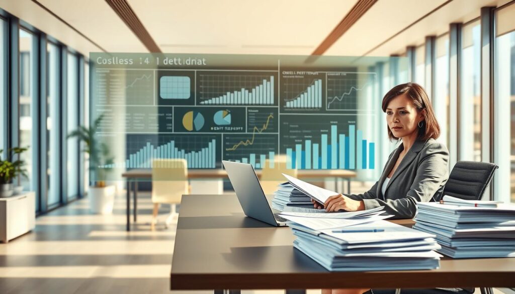 A modern office scene depicting a business information bureau focused on company debts. In the foreground, a confident professional in business attire, a middle-aged woman, is seated at a sleek desk filled with papers and a laptop, intently analyzing financial reports. In the middle ground, a large transparent screen displays graphs and charts illustrating debt statistics, surrounded by stacks of documents labeled with keywords such as "credit report" and "debt registry." The background shows a contemporary office space with large windows allowing natural light to stream in, creating a bright and inviting atmosphere. Soft shadows enhance the scene's depth, and a warm color palette conveys a sense of professionalism and reliability. A modern office scene depicting a business information bureau focused on company debts. In the foreground, a confident professional in business attire, a middle-aged woman, is seated at a sleek desk filled with papers and a laptop, intently analyzing financial reports. In the middle ground, a large transparent screen displays graphs and charts illustrating debt statistics, surrounded by stacks of documents labeled with keywords such as "credit report" and "debt registry." The background shows a contemporary office space with large windows allowing natural light to stream in, creating a bright and inviting atmosphere. Soft shadows enhance the scene's depth, and a warm color palette conveys a sense of professionalism and reliability.