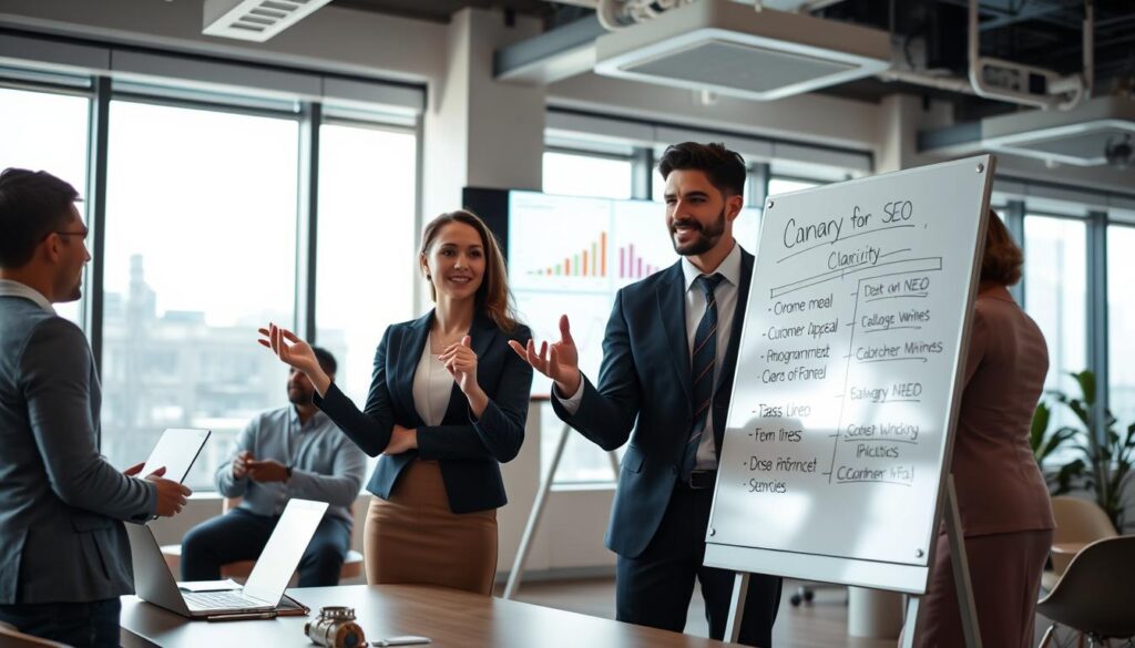 A modern office setting featuring a diverse group of professionals engaged in a brainstorming session about company names. In the foreground, a woman in business attire is writing on a whiteboard filled with keywords related to customer appeal and SEO strategies. Beside her, a man makes notes on his laptop, while another colleague gestures with enthusiasm, showcasing a collaborative atmosphere. In the middle, a large digital screen displays graphs and analytics tracking the effectiveness of different names, highlighting clarity and memorability. The background features large windows with natural light streaming in, creating a bright and inviting mood. The scene captures the energy of teamwork and innovation, emphasizing the importance of thoughtful naming in a professional context. A modern office setting featuring a diverse group of professionals engaged in a brainstorming session about company names. In the foreground, a woman in business attire is writing on a whiteboard filled with keywords related to customer appeal and SEO strategies. Beside her, a man makes notes on his laptop, while another colleague gestures with enthusiasm, showcasing a collaborative atmosphere. In the middle, a large digital screen displays graphs and analytics tracking the effectiveness of different names, highlighting clarity and memorability. The background features large windows with natural light streaming in, creating a bright and inviting mood. The scene captures the energy of teamwork and innovation, emphasizing the importance of thoughtful naming in a professional context.