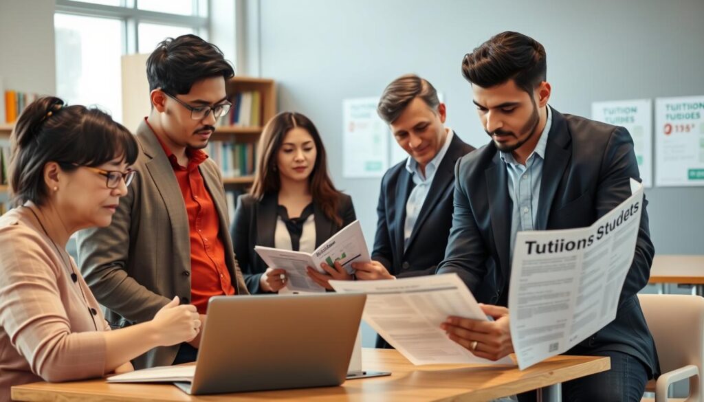 A modern university classroom setting, focusing on a diverse group of adult students engaged in a discussion about tuition fees for part-time studies. In the foreground, a middle-aged Asian woman with glasses is taking notes, while a young Black man in a smart casual outfit is pointing at a laptop displaying a spreadsheet. In the middle ground, a white woman in business attire is listening attentively, and a Hispanic man is flipping through a brochure about part-time study options. The background shows shelves filled with books and educational posters about tuition costs. Soft, natural light filters through large windows, creating a warm and focused atmosphere, captured from a slightly elevated angle for an inclusive perspective.