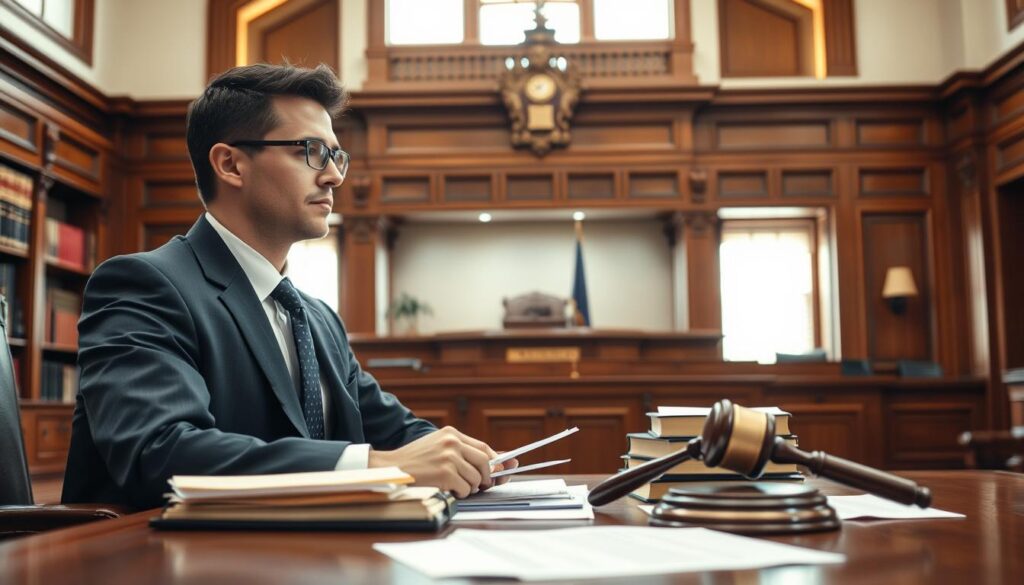 A newly minted judge in a formal courtroom setting, engaged in thoughtful preparation for independent decision-making. In the foreground, the judge, dressed in professional business attire, sits at a large desk covered with legal documents, a gavel, and reference books. A focused expression reflects their determination to uphold justice. The middle layer features a polished wooden courtroom with the iconic judge's bench and law books lining the shelves, showcasing an atmosphere of authority and tradition. In the background, bright natural light filters through elegant windows, enhancing the atmosphere of seriousness and professionalism. The image should evoke a sense of impending responsibility and the weight of legal judgment, captured with soft, balanced lighting and a slightly elevated perspective. A newly minted judge in a formal courtroom setting, engaged in thoughtful preparation for independent decision-making. In the foreground, the judge, dressed in professional business attire, sits at a large desk covered with legal documents, a gavel, and reference books. A focused expression reflects their determination to uphold justice. The middle layer features a polished wooden courtroom with the iconic judge's bench and law books lining the shelves, showcasing an atmosphere of authority and tradition. In the background, bright natural light filters through elegant windows, enhancing the atmosphere of seriousness and professionalism. The image should evoke a sense of impending responsibility and the weight of legal judgment, captured with soft, balanced lighting and a slightly elevated perspective.