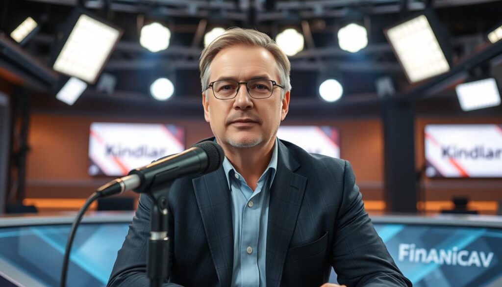 A portrait of Jarosław Kuźniar, a well-known television journalist, seated in a modern TV studio. He is dressed in a professional business suit, with a confident and engaged expression as he discusses financial topics on-air. In the foreground, a sleek microphone is positioned in front of him, symbolizing his role as a journalist. The middle ground features a futuristic news desk with subtle branding elements, while the background is illuminated with soft, ambient lighting, showcasing blurred softbox lights and studio equipment. The atmosphere is professional and insightful, conveying the seriousness of journalism and financial discussions. The angle is slightly low, emphasizing his authority in the field.