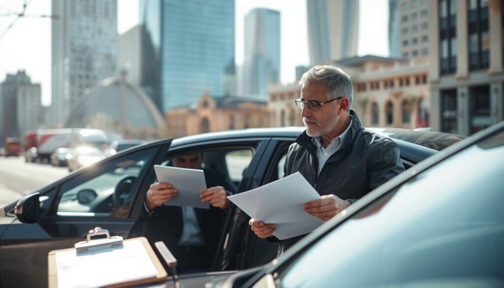 A professional Uber driver inspecting a car that meets technical requirements and insurance standards. In the foreground, the driver, a middle-aged man in a smart casual outfit, holds a checklist and looks attentively at the vehicle. The car, a modern sedan, displays a shiny exterior with visible safety features like airbags and reflective mirrors. In the middle ground, a clipboard with important documents is partially visible beside the car, suggesting the importance of paperwork. The background features an urban setting with iconic city buildings. Soft daylight filters through, creating a bright, optimistic mood. The shot is taken at a slightly elevated angle, emphasizing the professionalism of being an Uber driver while ensuring technical and safety compliance. A professional Uber driver inspecting a car that meets technical requirements and insurance standards. In the foreground, the driver, a middle-aged man in a smart casual outfit, holds a checklist and looks attentively at the vehicle. The car, a modern sedan, displays a shiny exterior with visible safety features like airbags and reflective mirrors. In the middle ground, a clipboard with important documents is partially visible beside the car, suggesting the importance of paperwork. The background features an urban setting with iconic city buildings. Soft daylight filters through, creating a bright, optimistic mood. The shot is taken at a slightly elevated angle, emphasizing the professionalism of being an Uber driver while ensuring technical and safety compliance.
