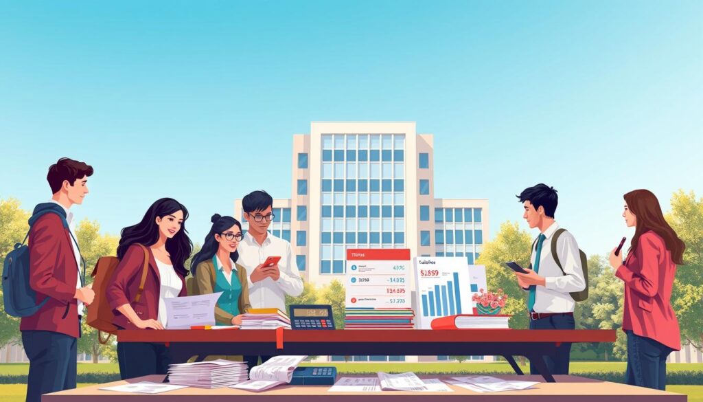 A professional and engaging illustration depicting the concept of "Net price of university tuition and catalog price." In the foreground, a diverse group of students, dressed in smart casual attire, gathers around a table laden with paperwork and a calculator, representing various educational expenses. The middle ground features graphs and charts displaying tuition costs, financial figures, and a college catalog, symbolizing academic investment. In the background, a modern university building stands tall under a clear blue sky, exuding an atmosphere of ambition and opportunity. Soft, natural lighting enhances the scene, casting gentle shadows and creating a welcoming mood. The angle captures the dynamic interaction among students, emphasizing collaboration in financial planning for their education. A professional and engaging illustration depicting the concept of "Net price of university tuition and catalog price." In the foreground, a diverse group of students, dressed in smart casual attire, gathers around a table laden with paperwork and a calculator, representing various educational expenses. The middle ground features graphs and charts displaying tuition costs, financial figures, and a college catalog, symbolizing academic investment. In the background, a modern university building stands tall under a clear blue sky, exuding an atmosphere of ambition and opportunity. Soft, natural lighting enhances the scene, casting gentle shadows and creating a welcoming mood. The angle captures the dynamic interaction among students, emphasizing collaboration in financial planning for their education.