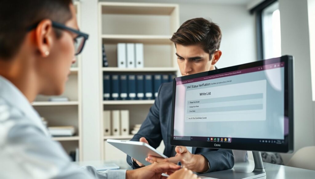 A professional and modern office environment, showcasing a computer screen displaying the "VAT Status Verification" interface with a highlighted section labeled "White List." In the foreground, a focused business professional, dressed in smart casual attire, is examining the screen closely, taking notes on a digital tablet. In the middle background, shelves filled with legal books and company documents add context. Soft, natural lighting from a nearby window illuminates the scene, creating a productive atmosphere. The angle is slightly above eye level, giving a clear view of the computer screen and the professional's engaged expression, symbolizing diligence in verifying company status and legitimacy. A professional and modern office environment, showcasing a computer screen displaying the "VAT Status Verification" interface with a highlighted section labeled "White List." In the foreground, a focused business professional, dressed in smart casual attire, is examining the screen closely, taking notes on a digital tablet. In the middle background, shelves filled with legal books and company documents add context. Soft, natural lighting from a nearby window illuminates the scene, creating a productive atmosphere. The angle is slightly above eye level, giving a clear view of the computer screen and the professional's engaged expression, symbolizing diligence in verifying company status and legitimacy.