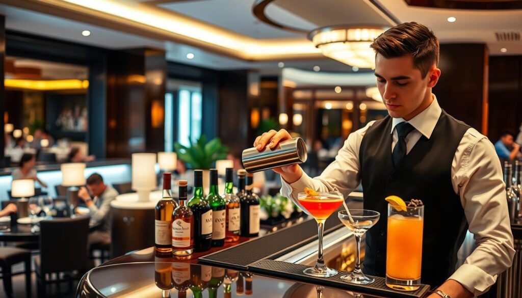 A professional bartender standing behind a stylish bar counter in a hotel, restaurant, and bar setting, showcasing a mix of environments. In the foreground, the bartender, wearing a crisp white shirt and black vest, expertly pours a drink into a shaker with a focused expression. In the middle, an array of premium bottles and colorful cocktails elegantly displayed on the bar, accompanied by glasses and garnishes. In the background, a vibrant restaurant scene with diners enjoying meals and soft ambient lighting, while a luxurious hotel lobby subtly fades into view. The atmosphere is lively yet sophisticated, hinting at a bustling evening. Soft, warm lighting accentuates the polished wood and glass surfaces, creating a welcoming vibe that illustrates the distinct nuances of bartending in different venues. A professional bartender standing behind a stylish bar counter in a hotel, restaurant, and bar setting, showcasing a mix of environments. In the foreground, the bartender, wearing a crisp white shirt and black vest, expertly pours a drink into a shaker with a focused expression. In the middle, an array of premium bottles and colorful cocktails elegantly displayed on the bar, accompanied by glasses and garnishes. In the background, a vibrant restaurant scene with diners enjoying meals and soft ambient lighting, while a luxurious hotel lobby subtly fades into view. The atmosphere is lively yet sophisticated, hinting at a bustling evening. Soft, warm lighting accentuates the polished wood and glass surfaces, creating a welcoming vibe that illustrates the distinct nuances of bartending in different venues.