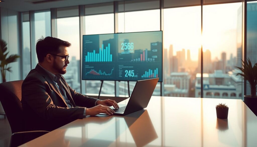 A professional business setting depicting an analysis of company revenue using public data. In the foreground, a focused business analyst in smart casual attire is seated at a sleek desk with a laptop, analyzing graphs and charts displayed on the screen. In the middle, there is a large interactive digital presentation board, showcasing bar graphs and financial statistics. The background features a modern office environment with large windows allowing natural light to flood the room, highlighting a bustling cityscape outside. Soft ambient lighting creates a focused yet relaxed atmosphere, emphasizing the seriousness of financial analysis while maintaining clarity. The scene should evoke a sense of diligence and strategic planning, suitable for a professional article on revenue estimation. A professional business setting depicting an analysis of company revenue using public data. In the foreground, a focused business analyst in smart casual attire is seated at a sleek desk with a laptop, analyzing graphs and charts displayed on the screen. In the middle, there is a large interactive digital presentation board, showcasing bar graphs and financial statistics. The background features a modern office environment with large windows allowing natural light to flood the room, highlighting a bustling cityscape outside. Soft ambient lighting creates a focused yet relaxed atmosphere, emphasizing the seriousness of financial analysis while maintaining clarity. The scene should evoke a sense of diligence and strategic planning, suitable for a professional article on revenue estimation.
