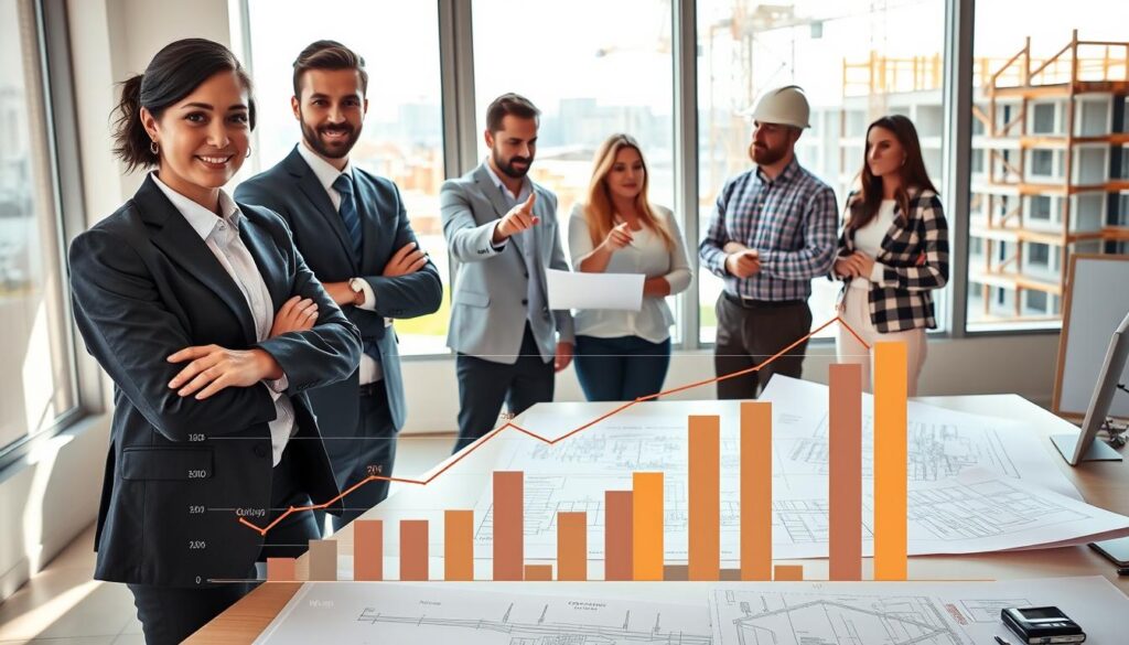 A professional construction engineer in smart business attire, standing confidently in a well-equipped office with blueprints and architectural plans spread on the desk. In the foreground, graphs and charts illustrating salary growth at different career stages are displayed prominently. In the middle ground, a diverse group of engineers, both male and female, are engaged in discussion and pointing at the plans, showcasing teamwork and collaboration. The background features a large window revealing a busy construction site, symbolizing progression in the field. Soft, natural light streams in, creating a bright and optimistic atmosphere. The scene conveys professionalism, ambition, and the dynamic nature of a construction engineering career. A professional construction engineer in smart business attire, standing confidently in a well-equipped office with blueprints and architectural plans spread on the desk. In the foreground, graphs and charts illustrating salary growth at different career stages are displayed prominently. In the middle ground, a diverse group of engineers, both male and female, are engaged in discussion and pointing at the plans, showcasing teamwork and collaboration. The background features a large window revealing a busy construction site, symbolizing progression in the field. Soft, natural light streams in, creating a bright and optimistic atmosphere. The scene conveys professionalism, ambition, and the dynamic nature of a construction engineering career.