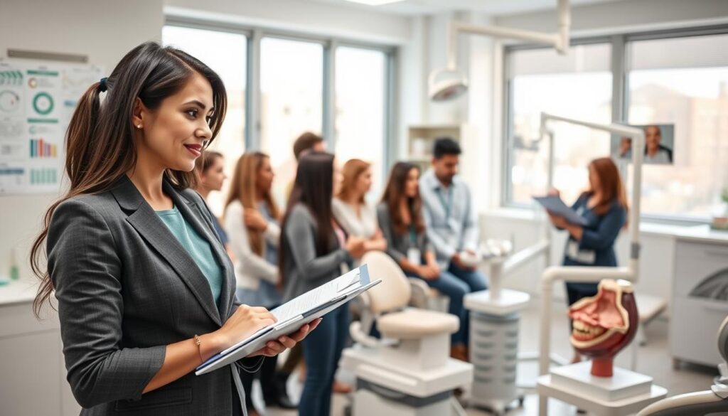 A professional dental hygienist engaged in a training session, surrounded by charts and tools related to preventive courses. In the foreground, focus on the hygienist, a woman in professional business attire, actively participating in a workshop, taking notes on a clipboard. The midground showcases a diverse group of students in a modern classroom setting, engaging with a lecturer who is demonstrating techniques on an anatomical model. In the background, a bright and well-organized dental office hints at practical application and career development. Soft, natural lighting from large windows enhances the atmosphere, creating an inviting and educational mood. The scene conveys professionalism, learning, and the pursuit of career advancement in dental hygiene. A professional dental hygienist engaged in a training session, surrounded by charts and tools related to preventive courses. In the foreground, focus on the hygienist, a woman in professional business attire, actively participating in a workshop, taking notes on a clipboard. The midground showcases a diverse group of students in a modern classroom setting, engaging with a lecturer who is demonstrating techniques on an anatomical model. In the background, a bright and well-organized dental office hints at practical application and career development. Soft, natural lighting from large windows enhances the atmosphere, creating an inviting and educational mood. The scene conveys professionalism, learning, and the pursuit of career advancement in dental hygiene.