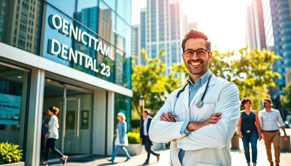 A professional dental office exterior set in a vibrant urban environment, showcasing a modern dental clinic with large glass windows and a welcoming entrance. In the foreground, a well-dressed dentist in professional attire stands confidently, holding a dental tool while smiling towards the viewer. In the middle ground, passersby walk by, some glancing at the clinic, symbolizing the interaction between location and clientele. The background features a bustling cityscape with tall buildings and greenery, conveying a sense of prosperity. The lighting is bright and inviting, with warm sunlight casting soft shadows. The mood is optimistic and professional, emphasizing the influence of clinic location on potential earnings within the dental industry. A professional dental office exterior set in a vibrant urban environment, showcasing a modern dental clinic with large glass windows and a welcoming entrance. In the foreground, a well-dressed dentist in professional attire stands confidently, holding a dental tool while smiling towards the viewer. In the middle ground, passersby walk by, some glancing at the clinic, symbolizing the interaction between location and clientele. The background features a bustling cityscape with tall buildings and greenery, conveying a sense of prosperity. The lighting is bright and inviting, with warm sunlight casting soft shadows. The mood is optimistic and professional, emphasizing the influence of clinic location on potential earnings within the dental industry.