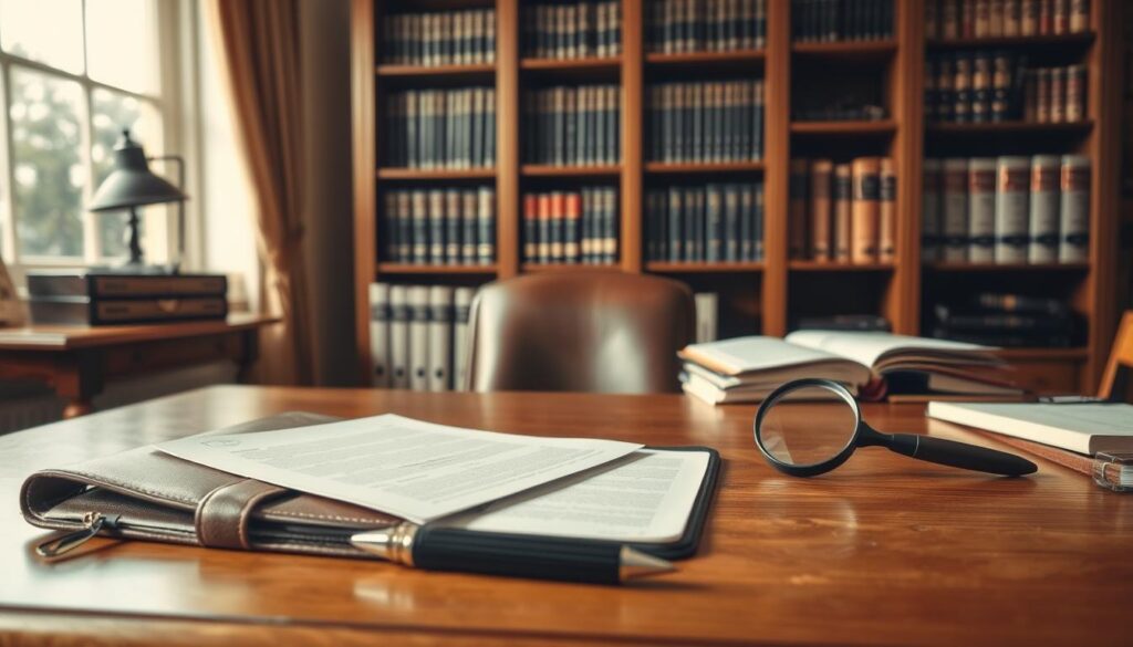 A professional detective's workspace, featuring a polished oak desk neatly arranged with essential items for obtaining a detective license. In the foreground, a closed leather portfolio with documents peeking out, a sleek pen, and a magnifying glass lay on the desk. In the middle, a well-lit bookshelf filled with various legal and procedural books on investigation techniques, detective licensing, and crime scene analysis. The background shows a large window with natural light bathing the room, casting soft shadows. The atmosphere is serious and focused, conveying a sense of professionalism and dedication to the field of detective work. The scene is captured in warm tones, emphasizing an inviting yet authoritative ambiance, with a soft depth of field to draw attention to the foreground elements. A professional detective's workspace, featuring a polished oak desk neatly arranged with essential items for obtaining a detective license. In the foreground, a closed leather portfolio with documents peeking out, a sleek pen, and a magnifying glass lay on the desk. In the middle, a well-lit bookshelf filled with various legal and procedural books on investigation techniques, detective licensing, and crime scene analysis. The background shows a large window with natural light bathing the room, casting soft shadows. The atmosphere is serious and focused, conveying a sense of professionalism and dedication to the field of detective work. The scene is captured in warm tones, emphasizing an inviting yet authoritative ambiance, with a soft depth of field to draw attention to the foreground elements.